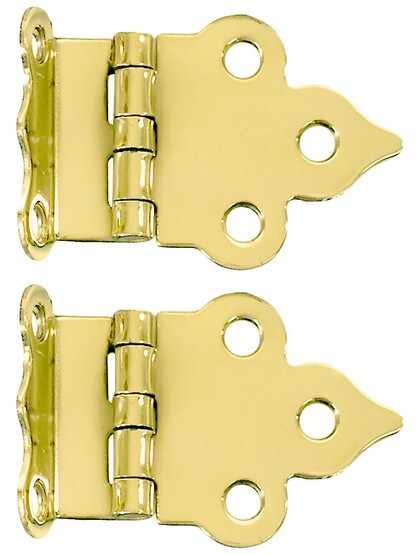 Pair of Solid Brass Gothic-Style Offset Cabinet Hinges - 1 1/2 inch x 2 1/8 inch in Un-Lacquered Brass.